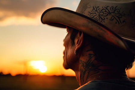 close-up of cowboys neck tattoo, with the sun setting in the background, created with generative aiの素材