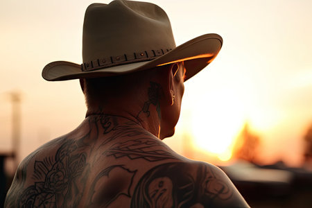 close-up of cowboys neck tattoo, with the sun setting in the background, created with generative aiの素材