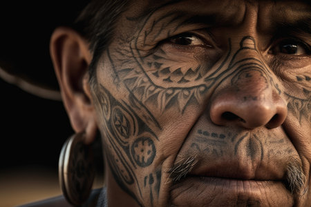 close-up of cowboys face, with intricate tattoo designs visible on his skin, created with generative aiの素材