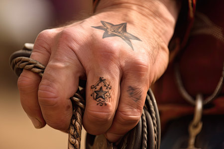 close-up of cowboys hand, with tattoo of lasso and star, created with generative aiの素材