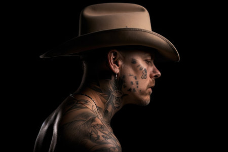 side view of cowboy, with his tattoos in full view and hat tilted at a jaunty angle, created with generative aiの素材