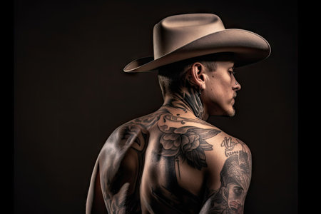 side view of cowboy, with his tattoos in full view and hat tilted at a jaunty angle, created with generative aiの素材