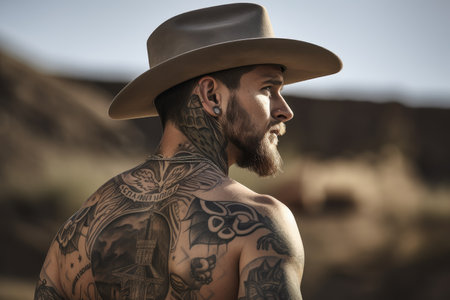 side view of cowboy, with his tattoos in full view and hat tilted at a jaunty angle, created with generative aiの素材