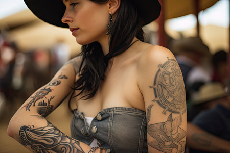 cowgirl, with intricate and ornate tattoo on her arm, created with generative aiの素材
