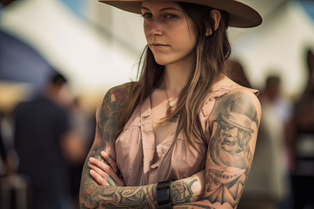 cowgirl, with intricate and ornate tattoo on her arm, created with generative aiの素材
