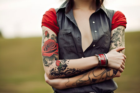 cowgirl with black ink and red rose tattoo on her arm, created with generative aiの素材