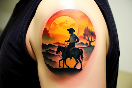 cowpoke with western sunset tattoo on bicep, created with generative aiの素材