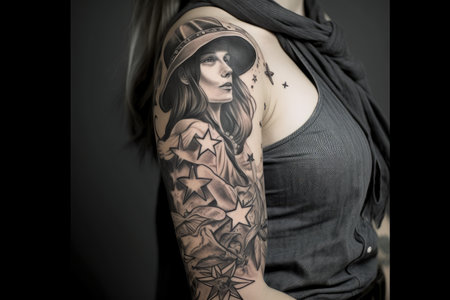 cowgirl with intricate sleeve of tattoos, including stars and flowers, created with generative aiの素材