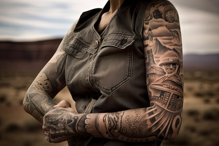 cowgirl, with full-sleeve tattoo depicting the open range and her trusty steed, created with generative aiの素材