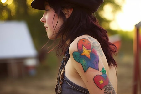 cowgirl, with intricate and colorful star-and-heart tattoo on her arm, created with generative aiの素材