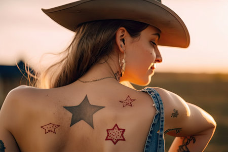 cowgirl with star-and-heart tattoo on her shoulder, created with generative aiの素材