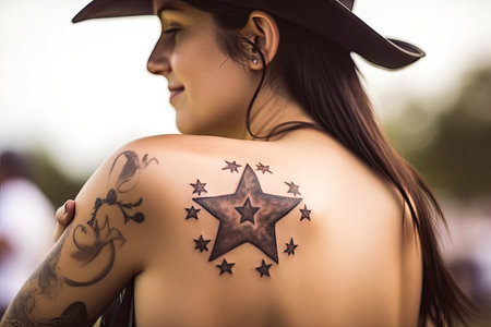 cowgirl with star-and-heart tattoo on her shoulder, created with generative aiの素材