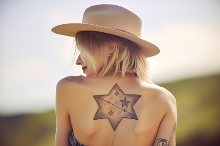 cowgirl with star-and-heart tattoo on her shoulder, created with generative aiの素材