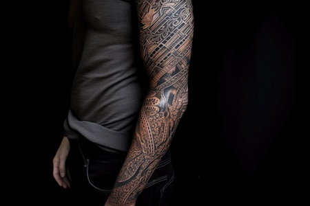 full sleeve tattoo, with intricate patterns and designs inked on leathery skin, created with generative aiの素材