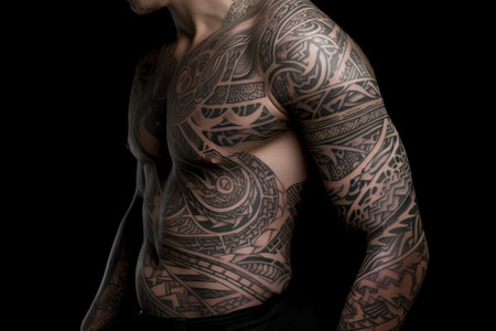 full sleeve tattoo, with intricate patterns and designs inked on leathery skin, created with generative aiの素材