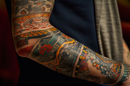 close-up of cowboys arm, with intricate and colorful tattoo visible, created with generative aiの素材