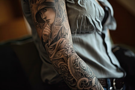 cowgirl, with intricate and detailed tattoo on forearm, created with generative aiの素材