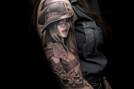 cowgirl, with intricate and detailed tattoo on forearm, created with generative aiの素材
