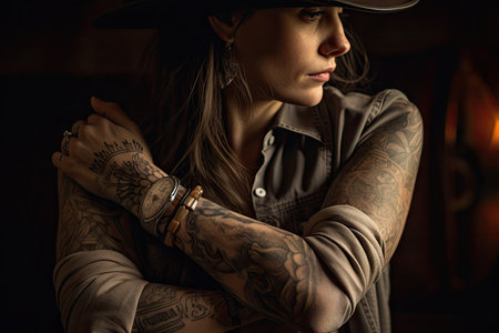 cowgirl, with intricate and detailed tattoo on forearm, created with generative aiの素材