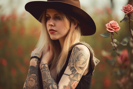 cowgirl with intricate rose tattoo on her arm, created with generative aiの素材