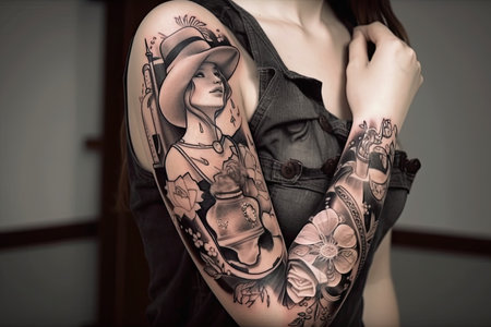cowgirl with intricate sleeve tattoo, including heart and lasso designs, created with generative aiの素材