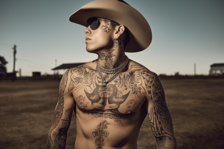 rodeo star with multiple tattoos and one in particular, that stands out, created with generative aiの素材