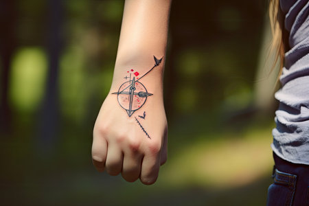 cowgirl with heart-and-arrows tattoo on her wrist, created with generative aiの素材