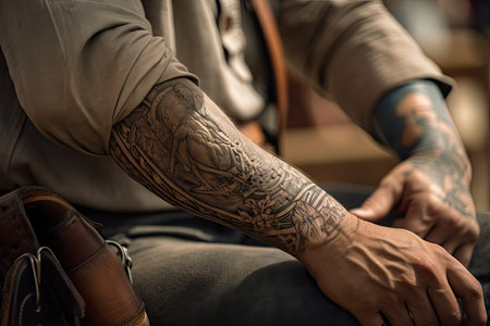 close-up of cowboys arm, showing off detailed and intricate tattoo, created with generative aiの素材
