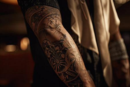 close-up of cowboys arm, showing off detailed and intricate tattoo, created with generative aiの素材