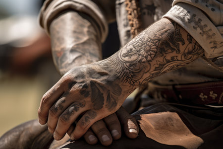 close-up of cowboys arm, showing off detailed and intricate tattoo, created with generative aiの素材