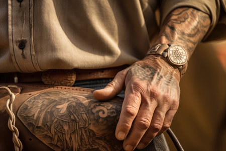 close-up of cowboys arm, showing off detailed and intricate tattoo, created with generative aiの素材