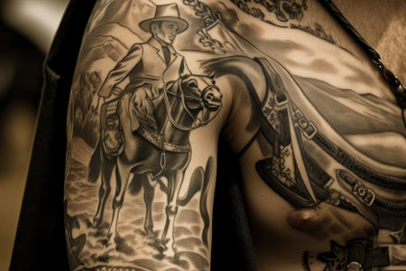 close-up of cowboy tattoo, with intricate details visible, created with generative aiの素材