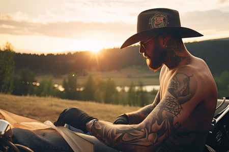 cowboy, with horse and sunset in the background, getting tattoo, created with generative aiの素材
