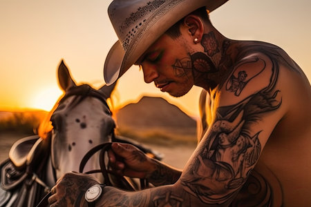 cowboy, with horse and sunset in the background, getting tattoo, created with generative aiの素材