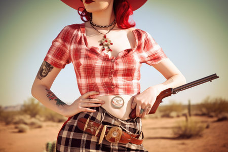 cowgirl with gun, lasso, and gingham dress in traditional western tattoo, created with generative aiの素材