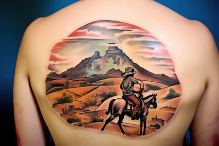 traditional cowboy tattoo with a horse, open landscape and clear blue skies, created with generative aiの素材