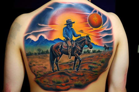 traditional cowboy tattoo with a horse, open landscape and clear blue skies, created with generative aiの素材
