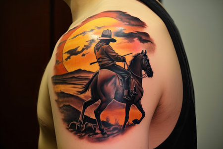 tattoo of cowboy riding horse, with the sunset in the background, created with generative aiの素材