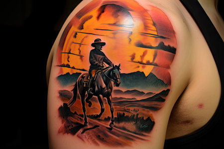 tattoo of cowboy riding horse, with the sunset in the background, created with generative aiの素材