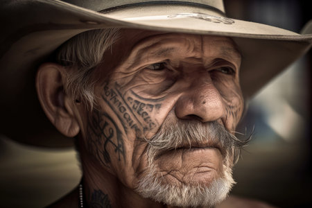 portrait of cowpoke with intricate scrollwork and feather inked on the, created with generative aiの素材