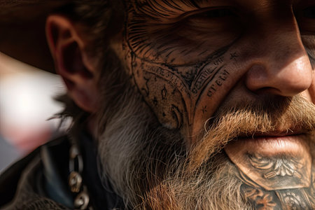 close-up of cowboys face, with intricate ink and meanings on display, created with generative aiの素材