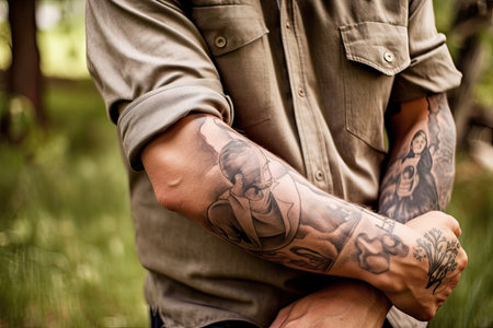 coworker with rugged, rough and tumble cowboy tattoo on forearm, created with generative aiの素材