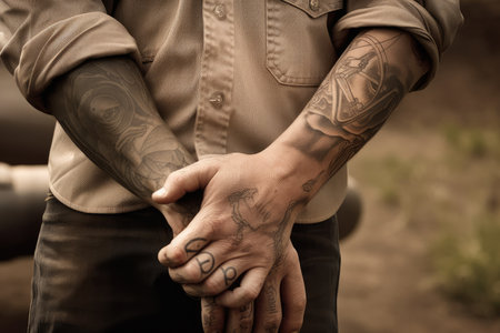 coworker with rugged, rough and tumble cowboy tattoo on forearm, created with generative aiの素材