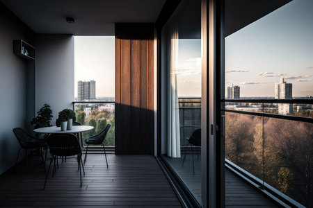 balcony with view of the city, with modern apartment building in the background, created with generative aiの素材