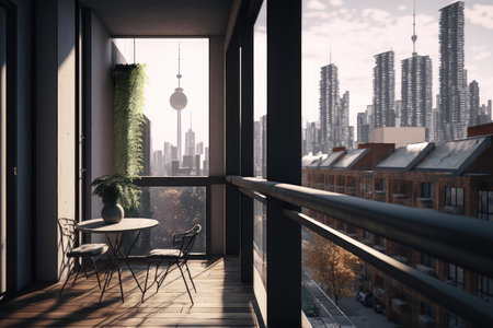 balcony with view of the city, with modern apartment building in the background, created with generative aiの素材
