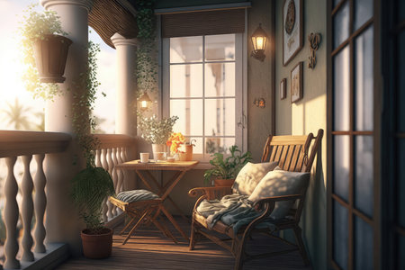 cozy balcony with rocking chair, perfect for enjoying a peaceful moment of solitude, created with generative aiの素材