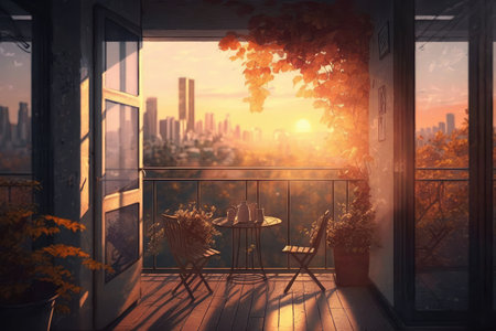 scene of sunrise with view of the city, on cozy balcony, created with generative aiの素材