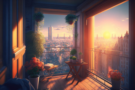 scene of sunrise with view of the city, on cozy balcony, created with generative aiの素材