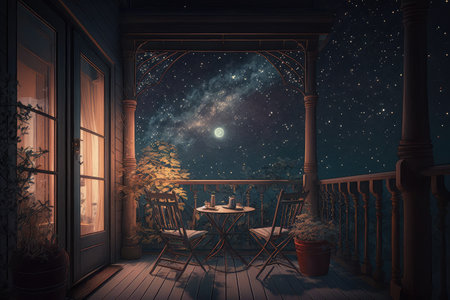 a cozy balcony with a view of the night sky, stars twinkling in the blackness, created with generative aiの素材
