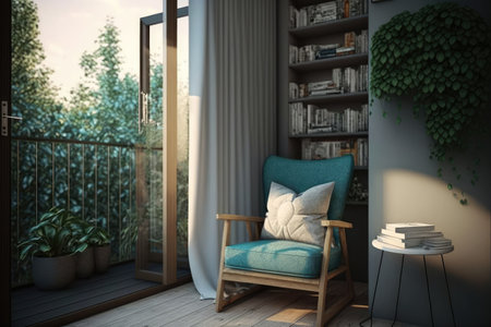 cozy balcony with armchair and bookshelf, perfect place to read and relax, created with generative aiの素材